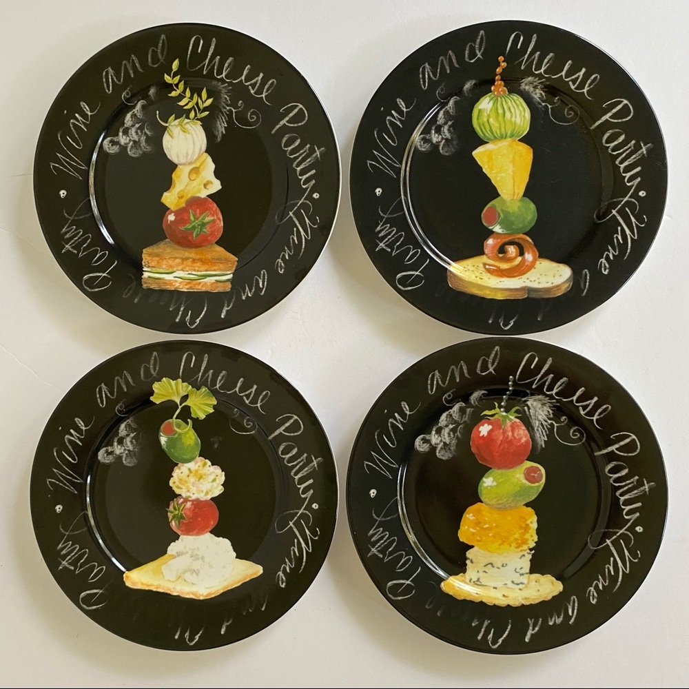 4 American Atelier Plates Hors Doeuvres 6 1/4"  Set Of 4 Ceramic Black Food EUC